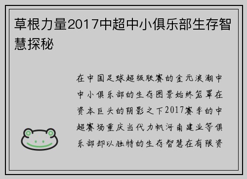 草根力量2017中超中小俱乐部生存智慧探秘